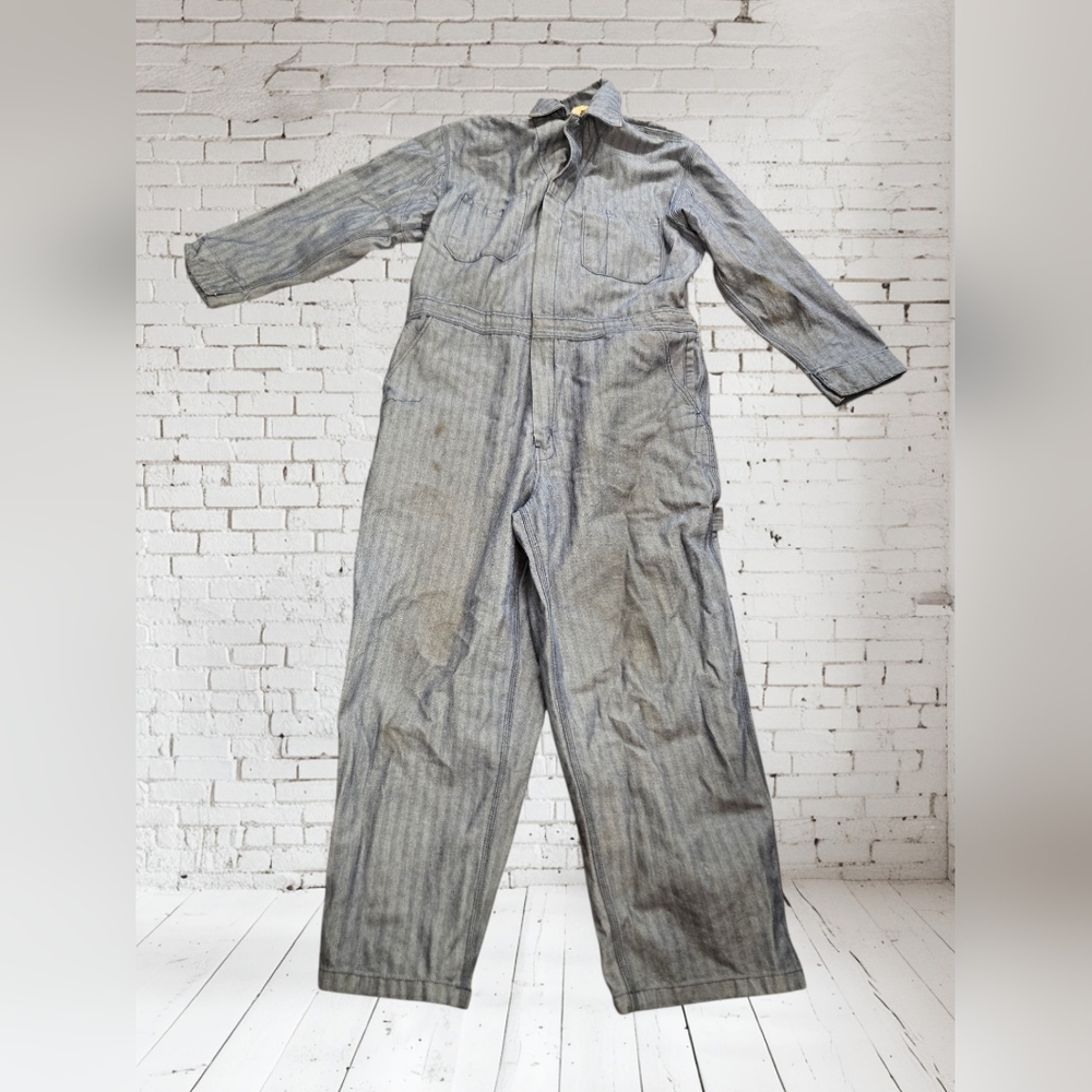 Vintage Distressed Men's Schmidt Workwear Denim Coveralls Herringbone SZ LG